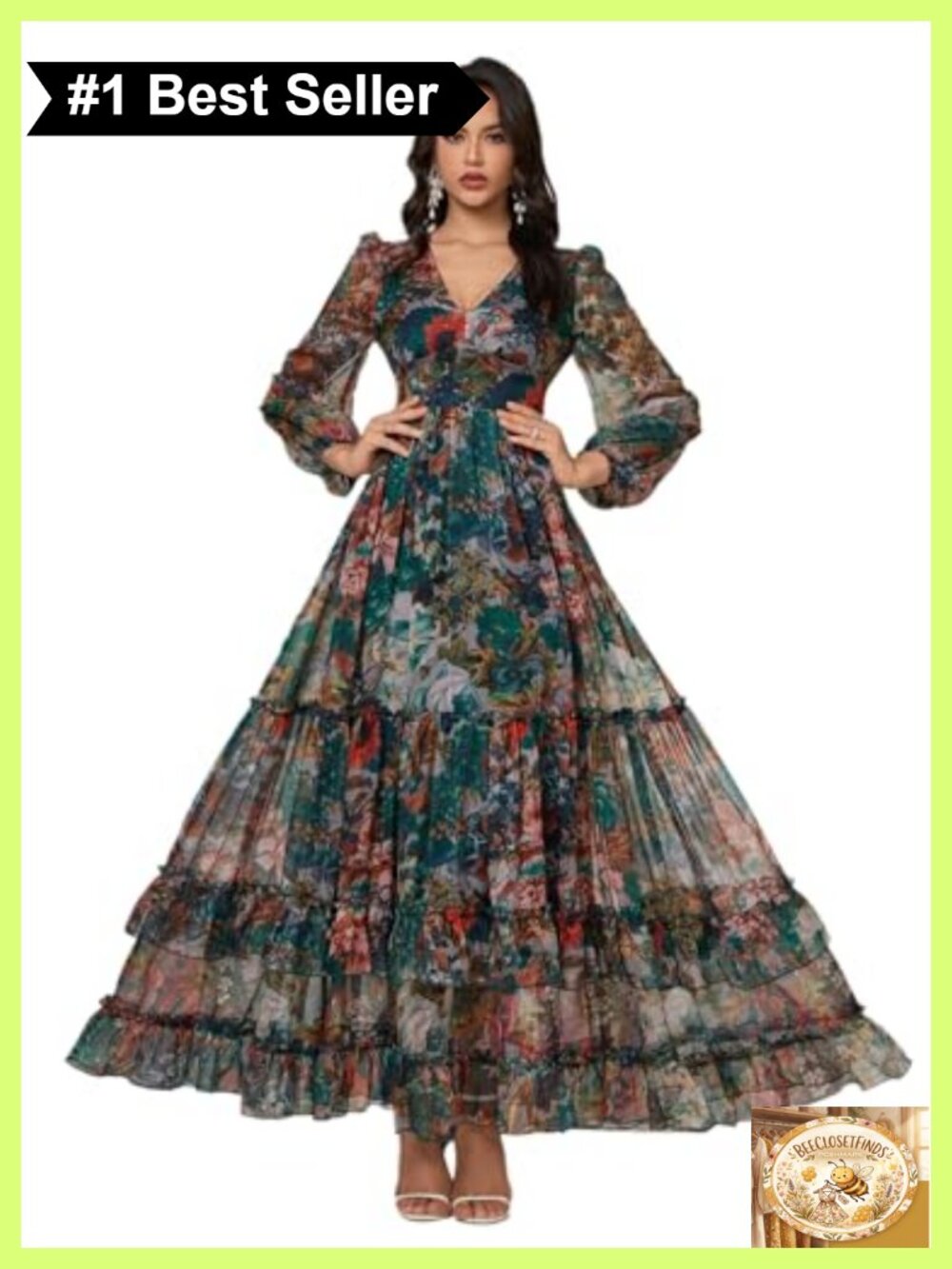 Women's Boho V-Neck Long Sleeve Ruffle Floral Maxi Dress